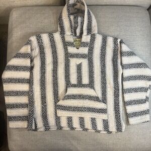 Baja Joe Hoodie Large Black Gray Striped Baja‎ Pullover Mexican Hoodie